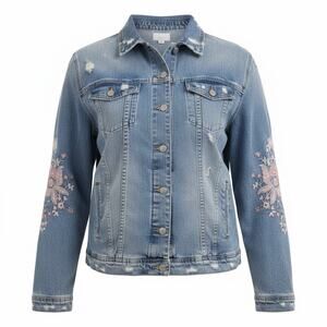 American Eagle Women's XL Distressed Denim Jacket Embroidered Floral Sleeves
